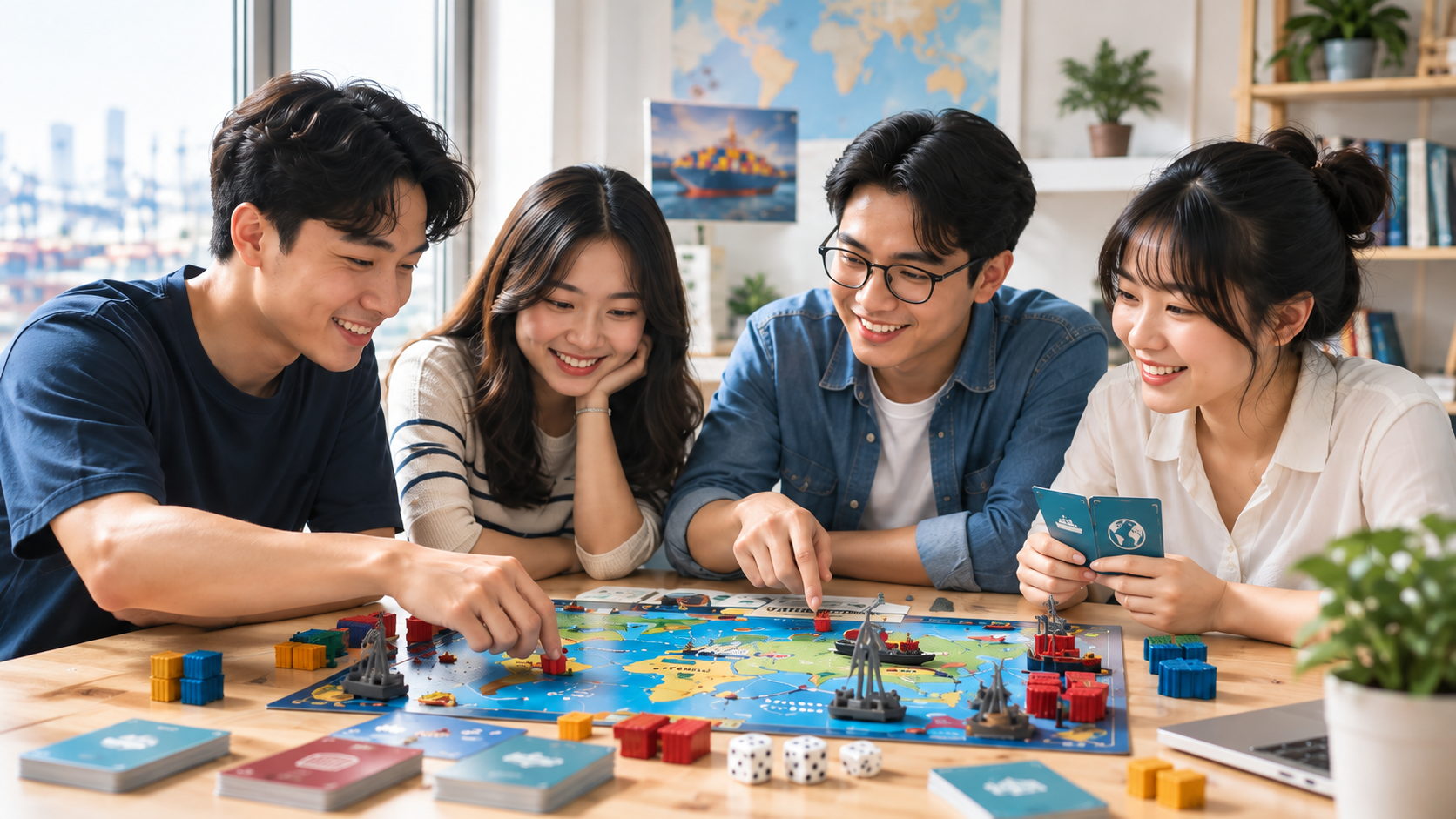 Bốn người trẻ cùng khám phá và thảo luận bên bàn chơi LogisQuest