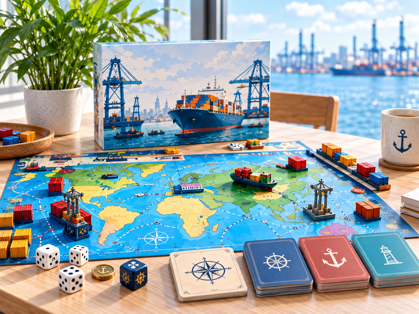 Bộ cờ LogisQuest với bản đồ thế giới, tàu hàng, container và thẻ bài bên cửa sổ nhìn ra cảng